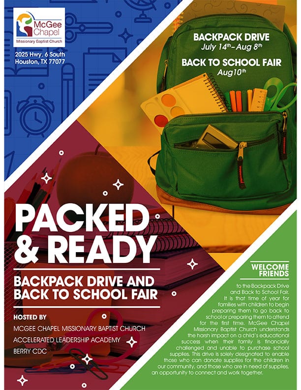 Backpack Drive and Back to School Fair McGee Chapel Missionary